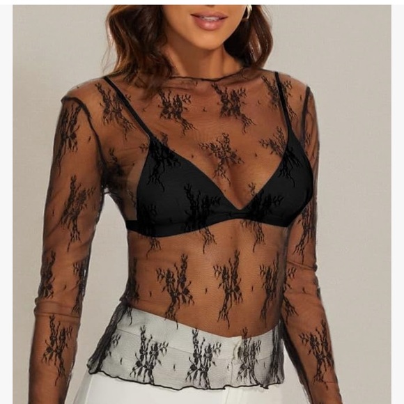 Black Lace Sheer Mesh Top various sizes - Picture 7 of 8